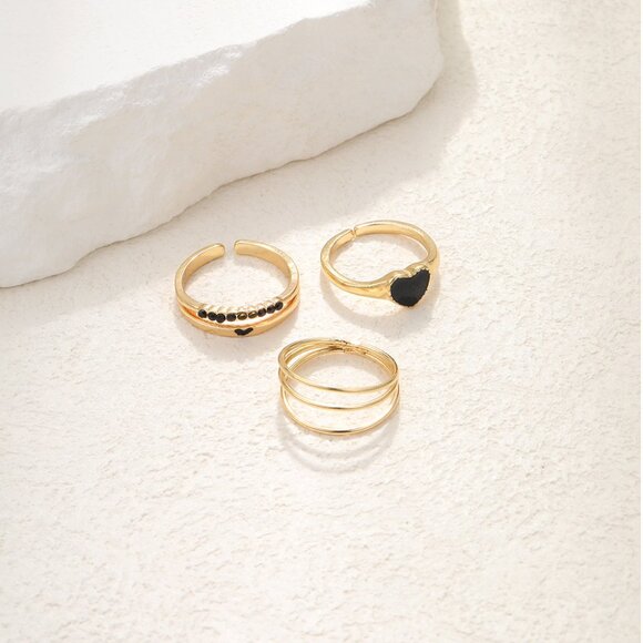 3/$35 Gold Heart Ring Set Minimalist Stackable Rings Black Enamel Accent Dainty - Picture 5 of 8